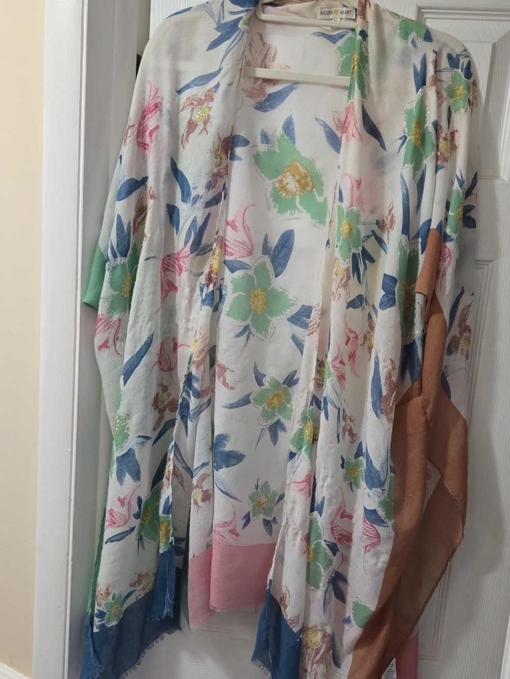 Woven Heart Pastel Floral Kimono Wrap in Cream, Green, Blue, Pink & Tan